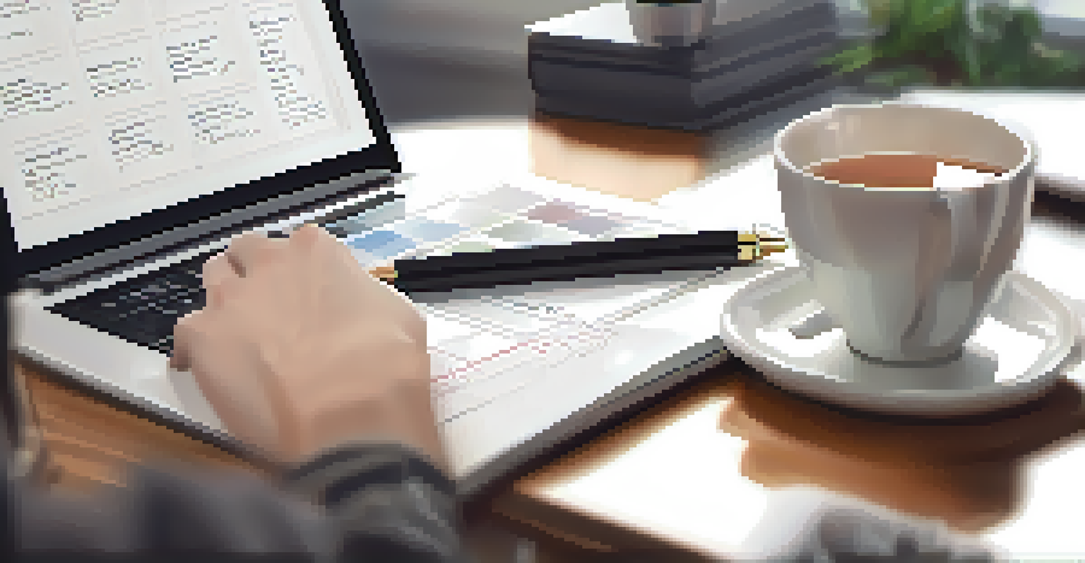 A close-up of a hand writing in a planner, with a laptop and a cup of tea in a bright office.