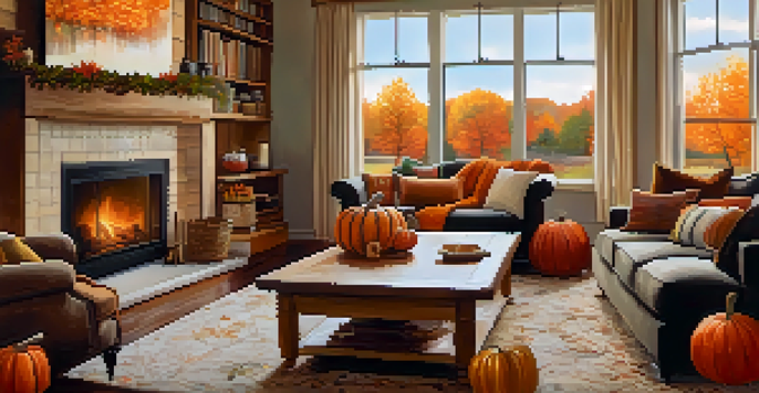 A warm and inviting living room with a fireplace surrounded by autumn decorations, including pumpkins and colorful leaves.