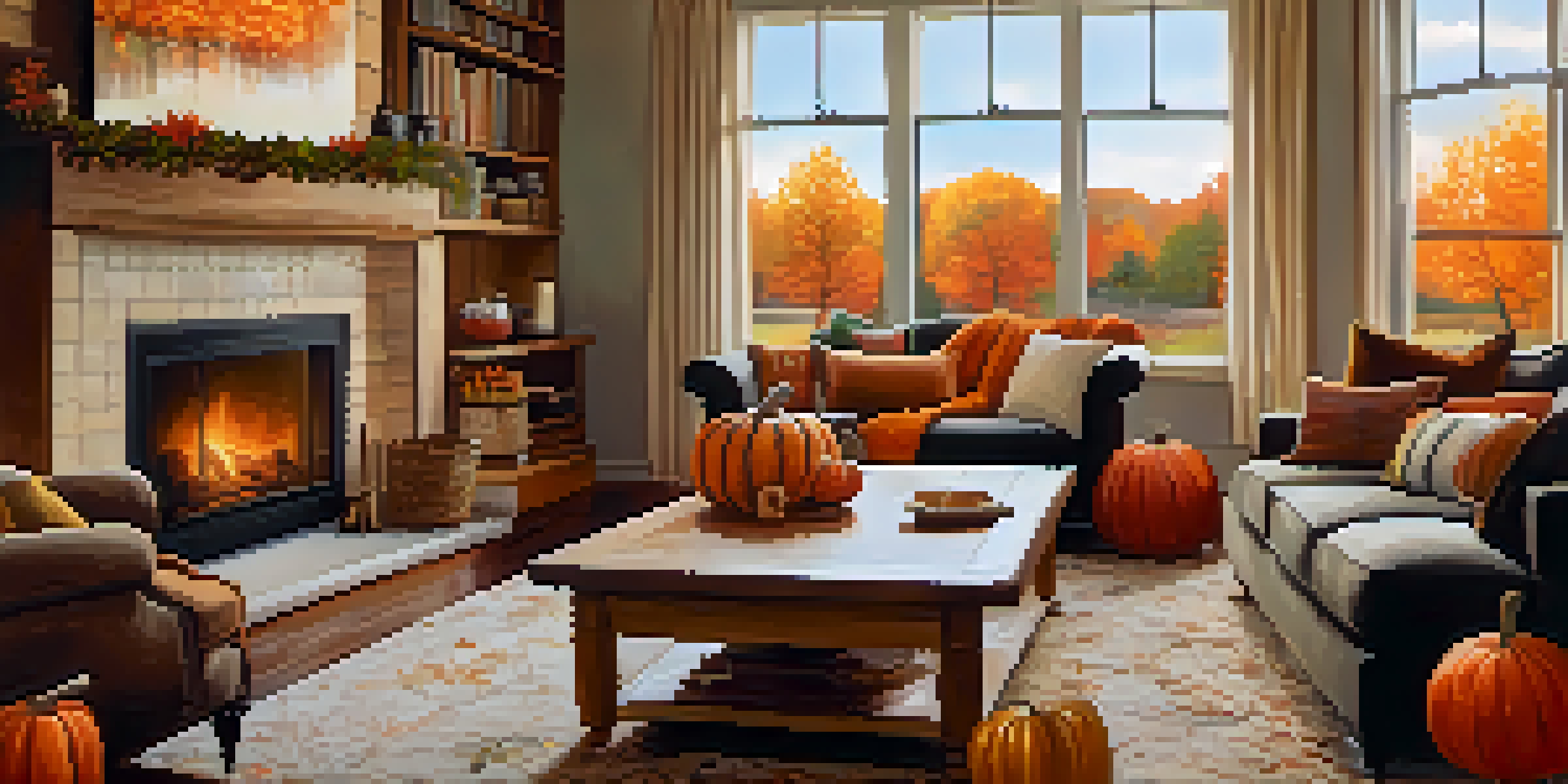 A warm and inviting living room with a fireplace surrounded by autumn decorations, including pumpkins and colorful leaves.