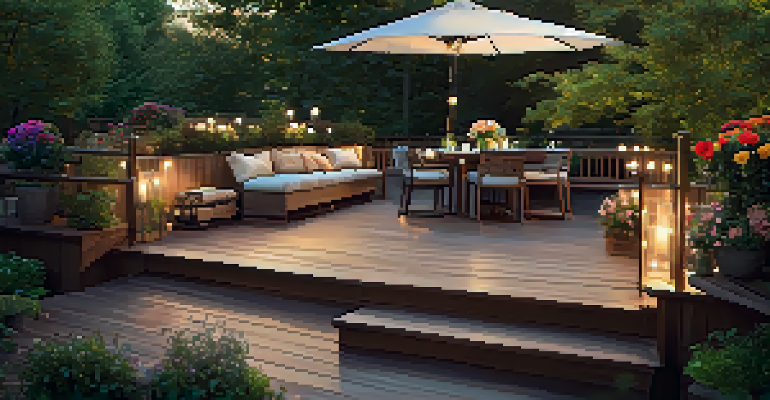 A multi-level wooden deck with seating and dining areas surrounded by flowers, illuminated by soft outdoor lighting for evening gatherings.