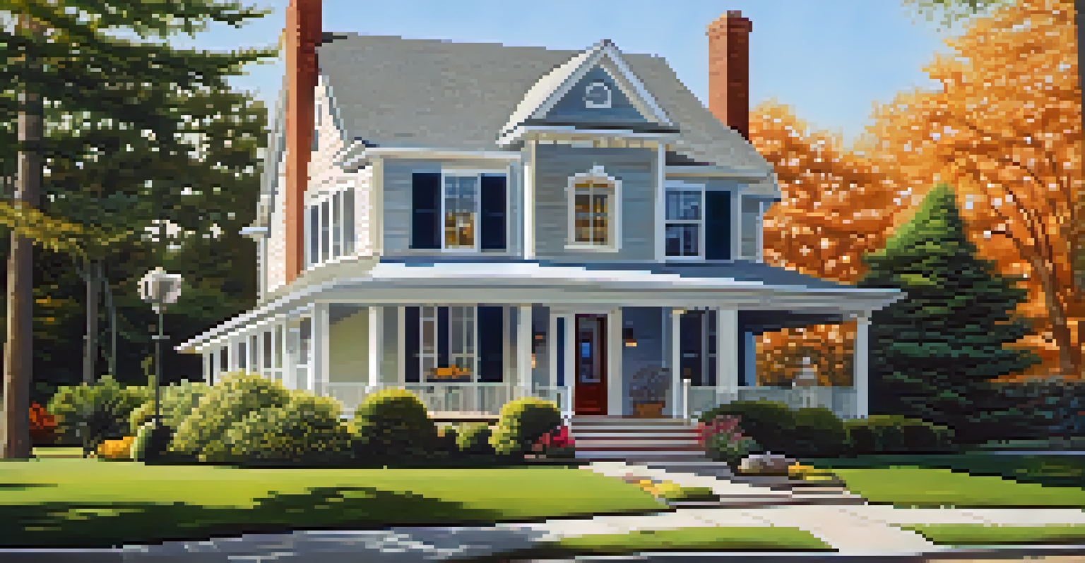 Close-up of a 'For Sale' sign in front of a charming house with lush landscaping and a sunny sky.