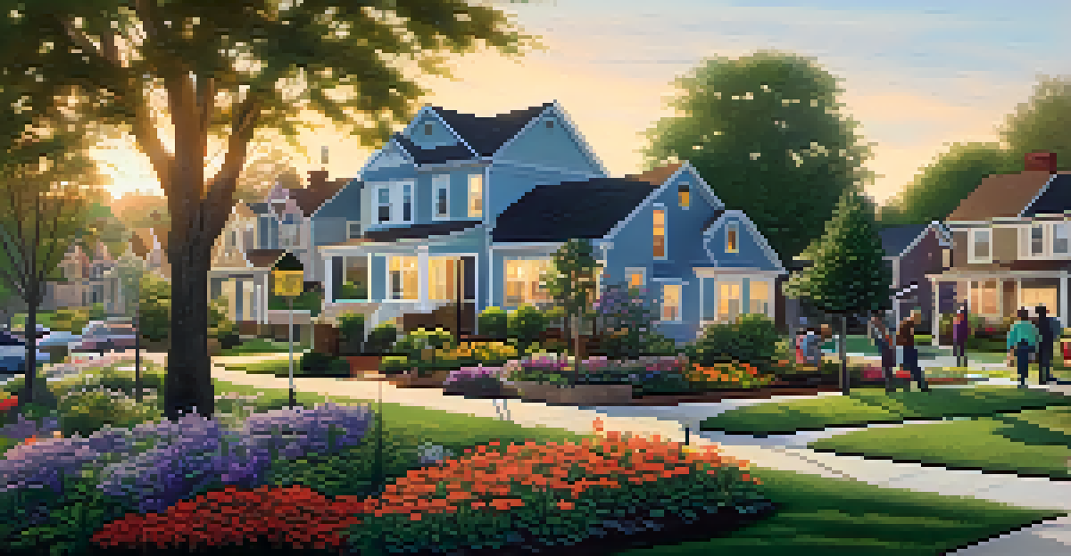 Residents working together on a suburban street, planting flowers and cleaning up in a neighborhood filled with blooming gardens and well-maintained homes.