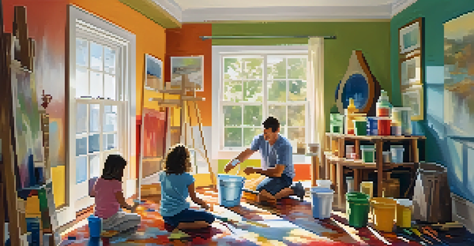A family joyfully painting a room together, with colorful paint buckets and brushes, in a sunny environment.