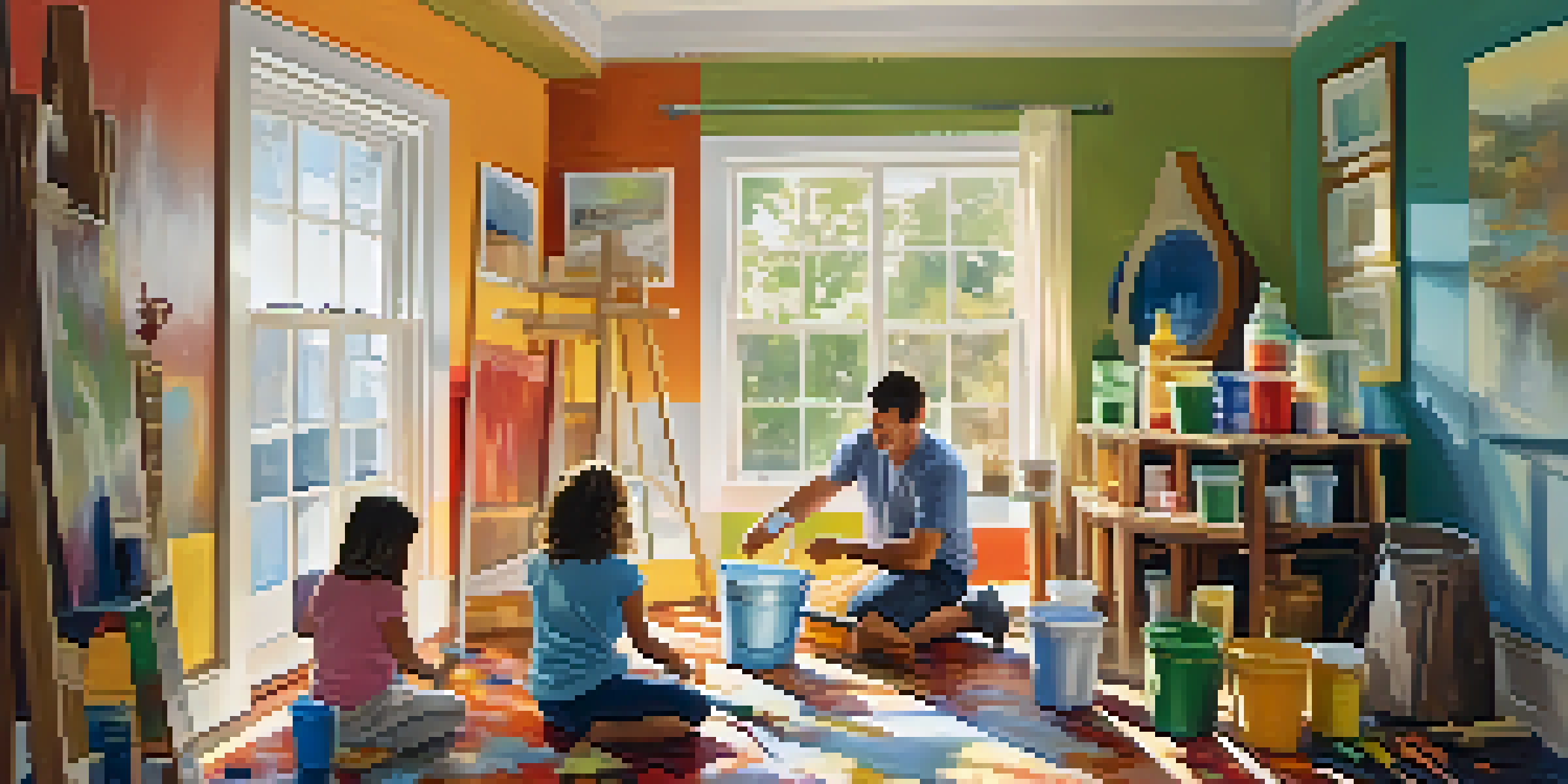 A family joyfully painting a room together, with colorful paint buckets and brushes, in a sunny environment.