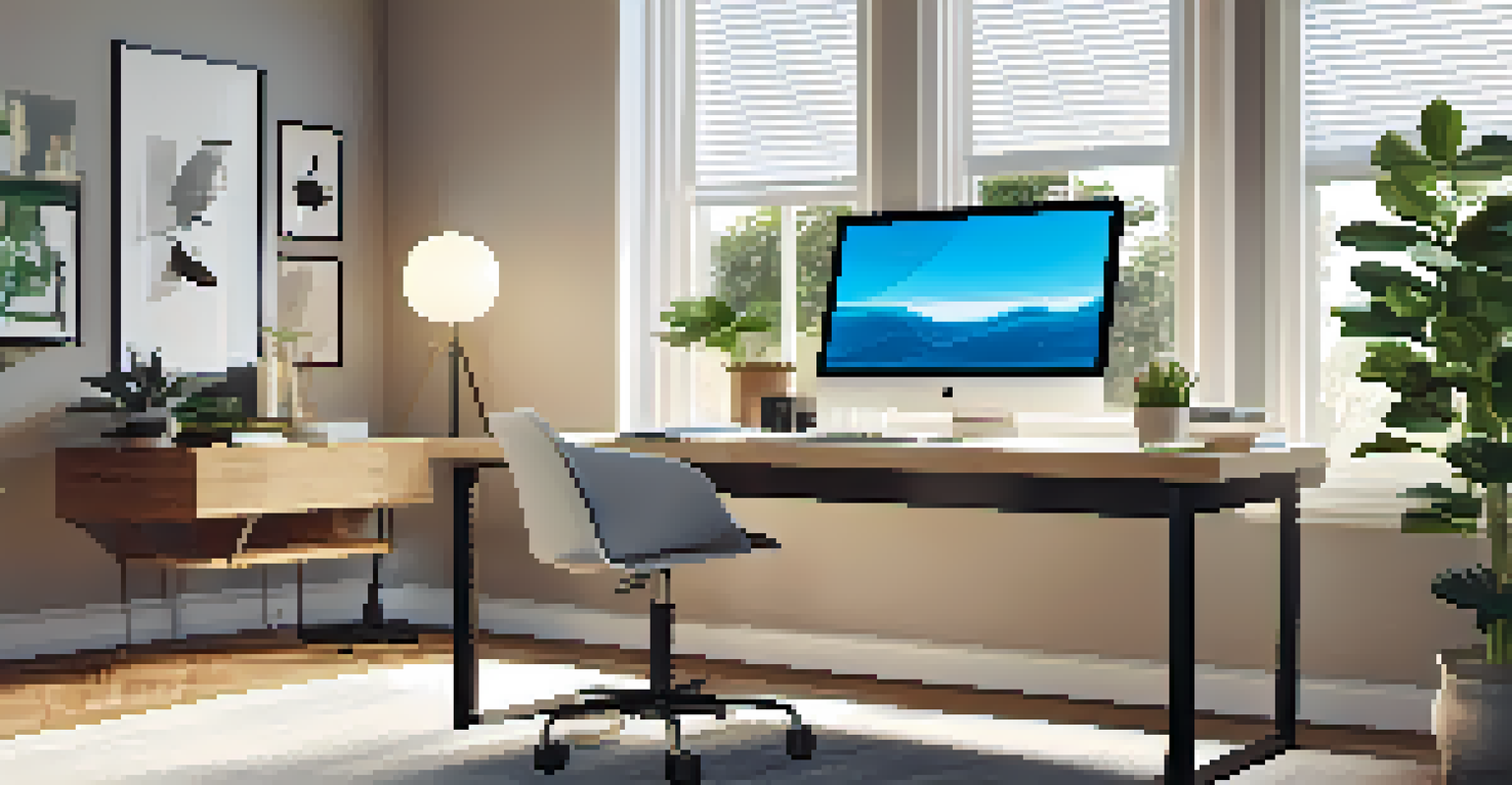 A modern home office with a sleek desk, ergonomic chair, and bright sunlight.