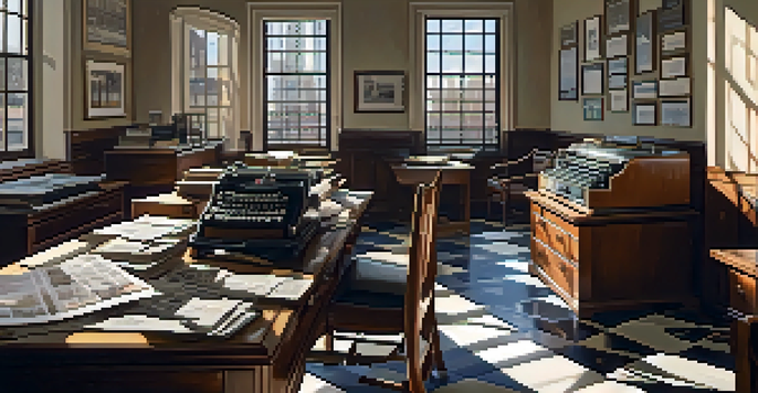 A vintage real estate office with wooden desks and typewriters, illuminated by soft sunlight, featuring a city map on the wall and newspapers on the desks.