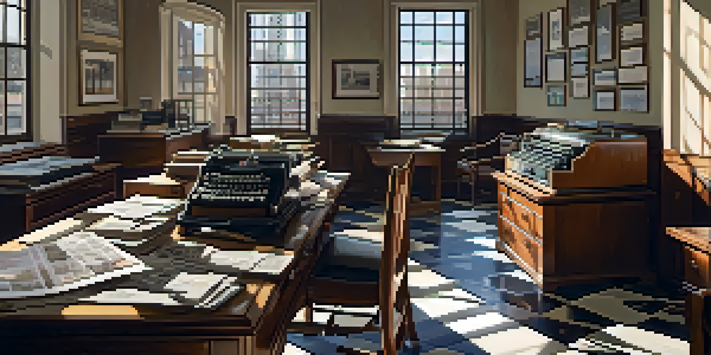 A vintage real estate office with wooden desks and typewriters, illuminated by soft sunlight, featuring a city map on the wall and newspapers on the desks.