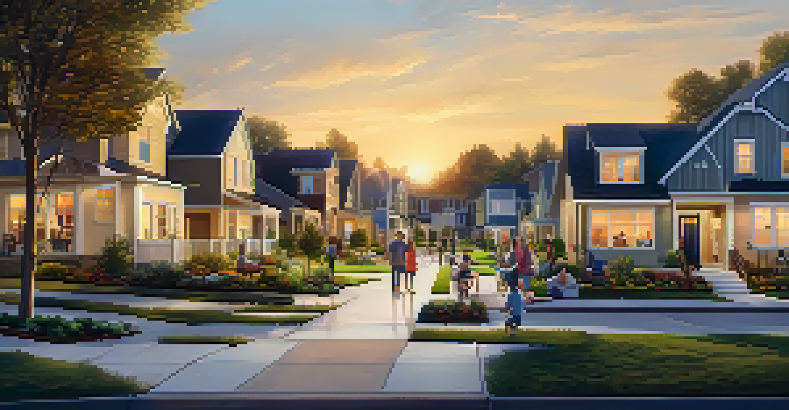 A suburban neighborhood with modern homes and mixed-use developments at sunset, showcasing families and remote workers.