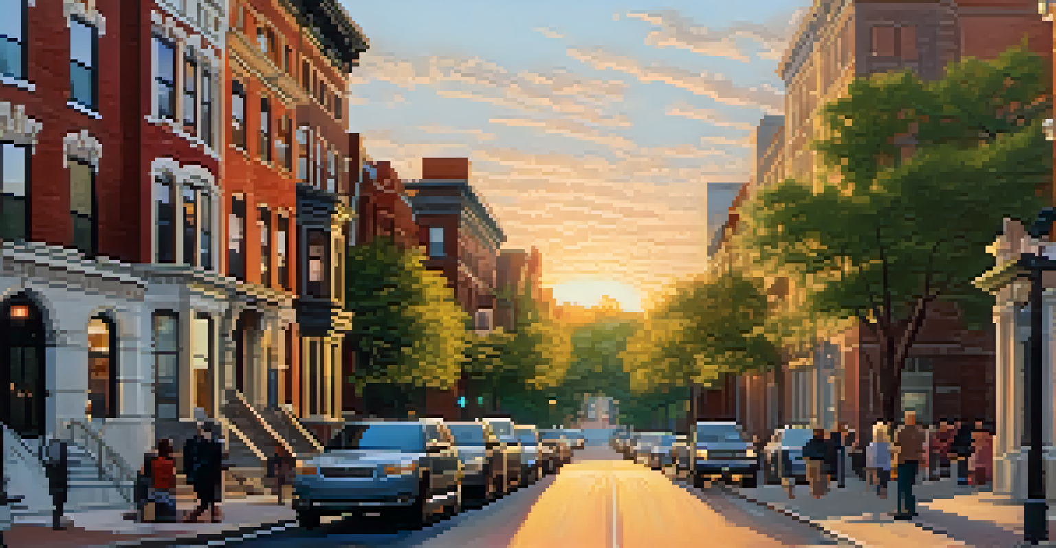 A lively urban scene featuring brownstone buildings, people walking, and trees, with a pastel sunset sky.