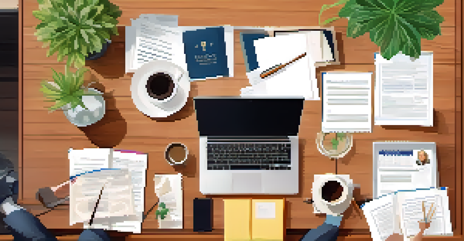 An overhead view of a table set for a closing meeting with organized documents and a laptop.