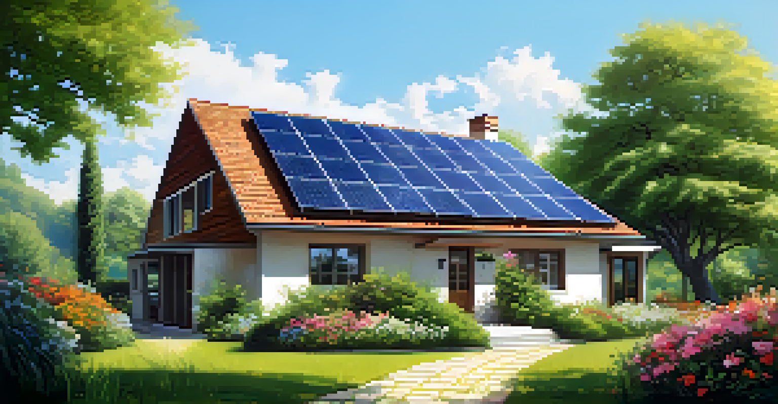 A house with solar panels on the roof, surrounded by greenery and a clear sky, highlighting renewable energy.
