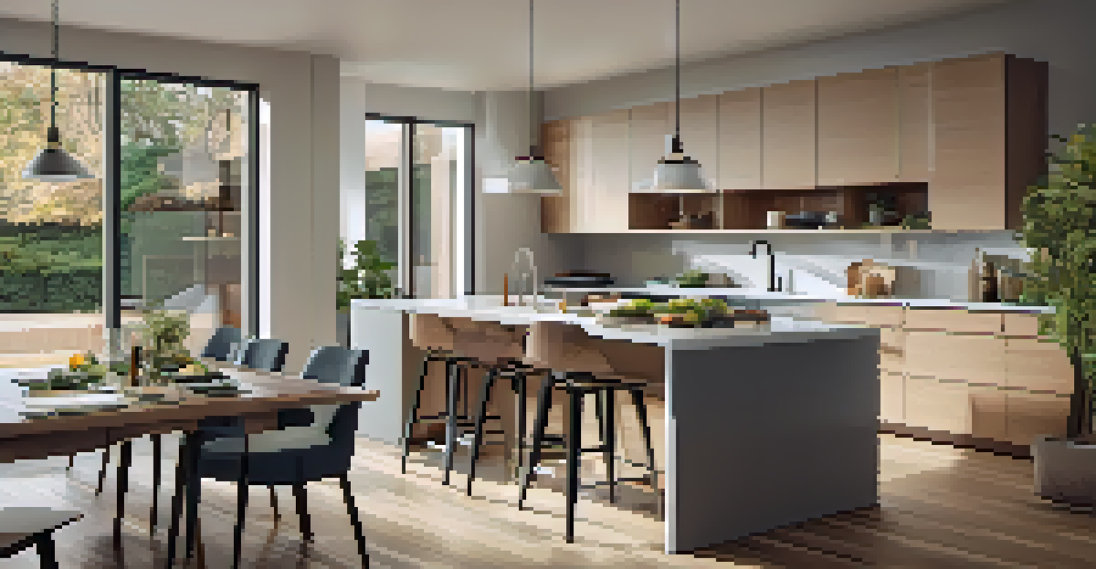 A modern, open-concept kitchen designed for accessibility with wide pathways and lower countertops, filled with natural light and a family cooking together.