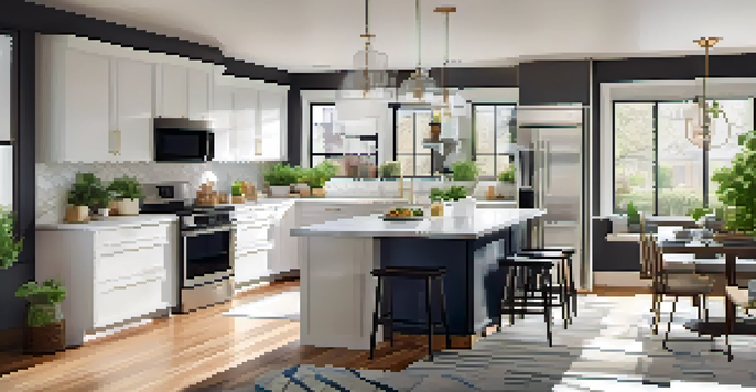 A modern kitchen with white cabinets, quartz countertops, and bright natural light, featuring a cozy breakfast nook.