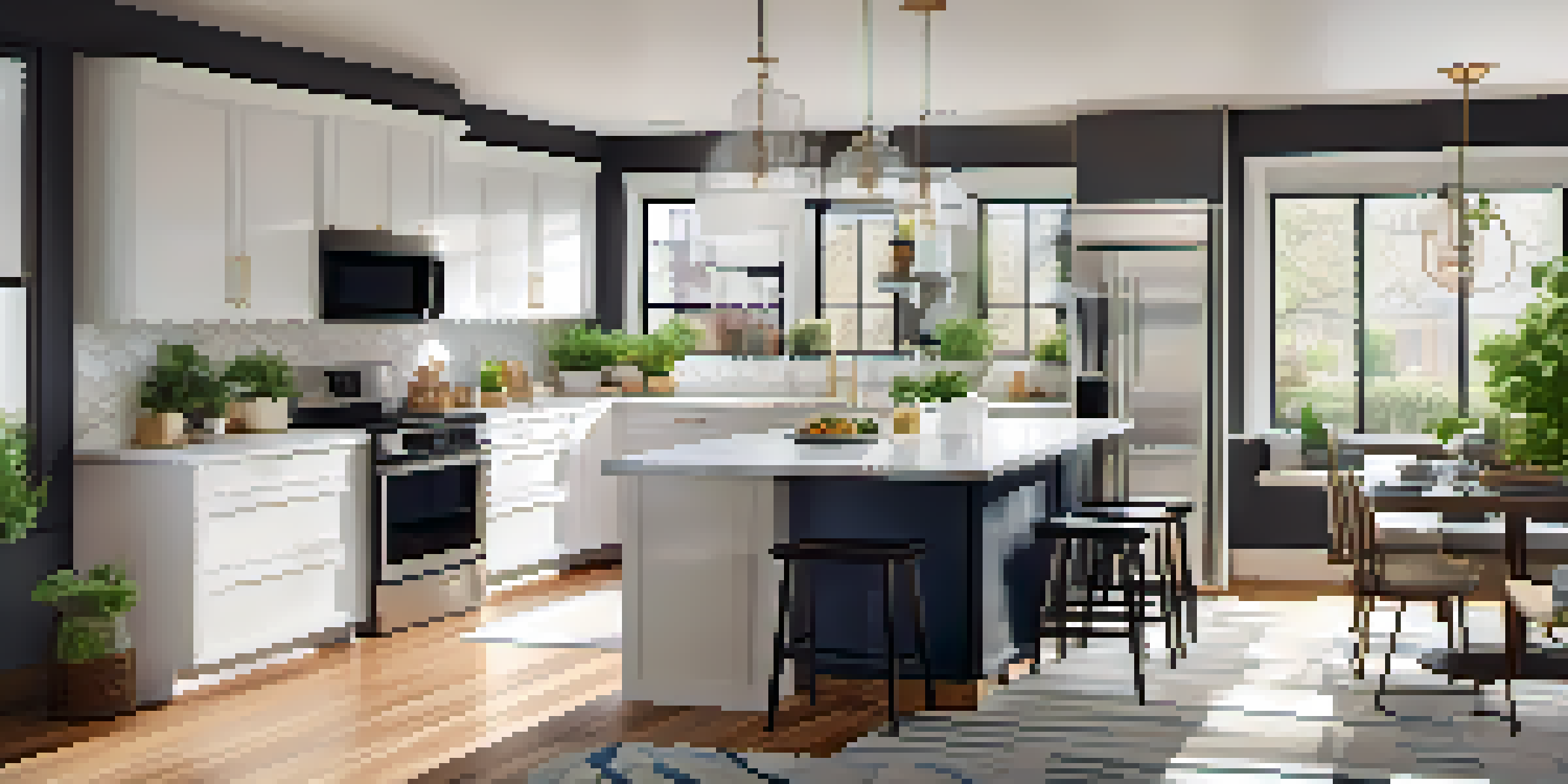 A modern kitchen with white cabinets, quartz countertops, and bright natural light, featuring a cozy breakfast nook.
