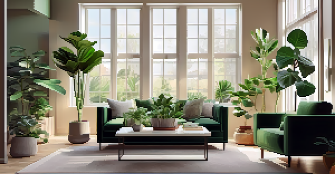 A living room adorned with a variety of indoor plants, featuring a tall fiddle leaf fig, hanging pothos, and small succulents, all illuminated by natural light from a window.
