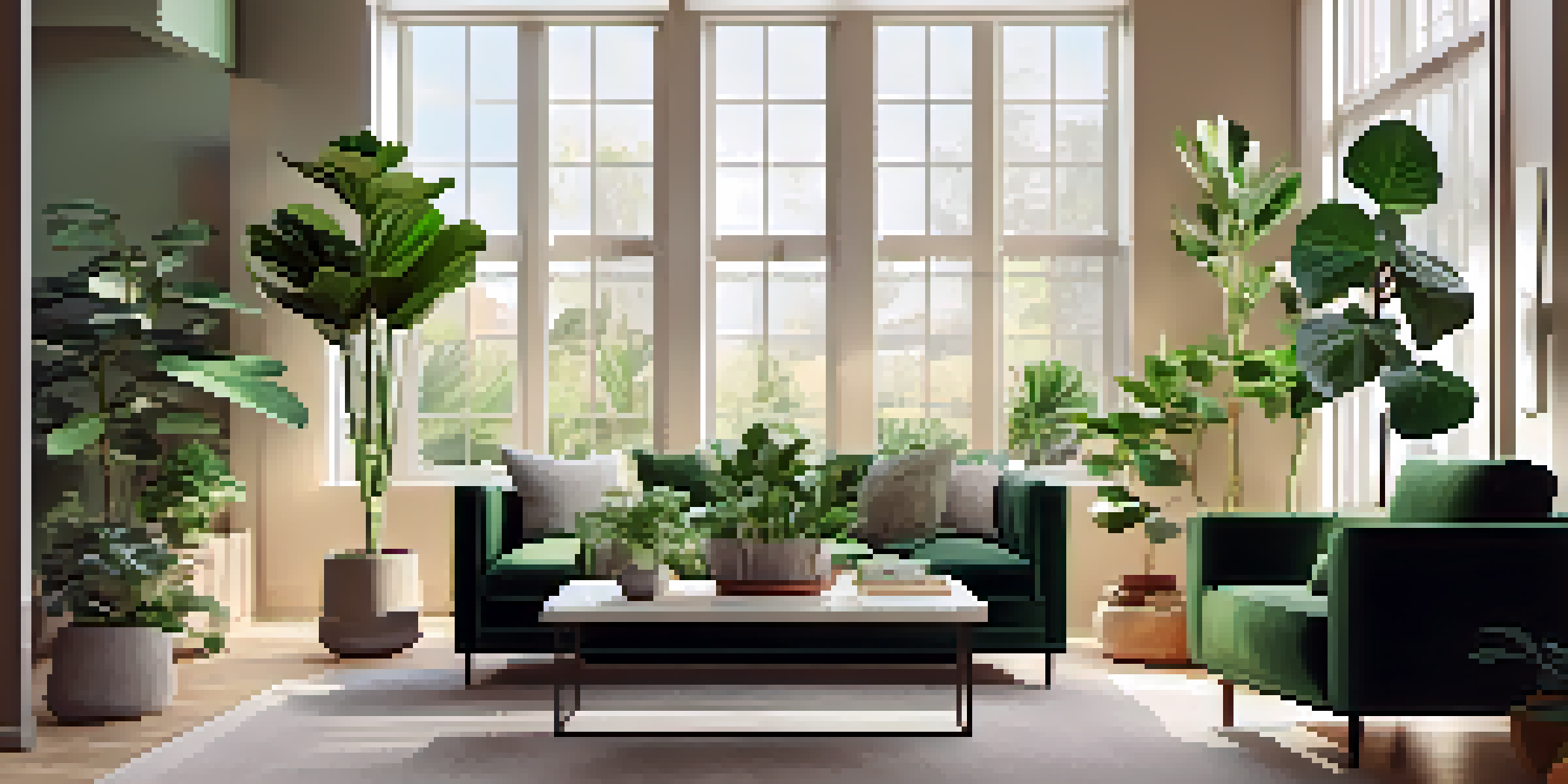 A living room adorned with a variety of indoor plants, featuring a tall fiddle leaf fig, hanging pothos, and small succulents, all illuminated by natural light from a window.