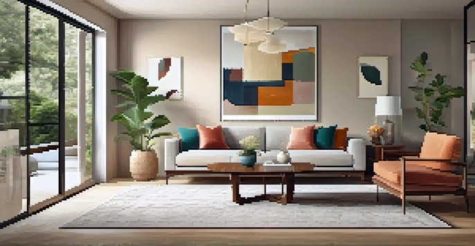 A cozy living room with a wooden dining table, elegant chairs, soft neutral walls, a colorful accent wall, and natural light.