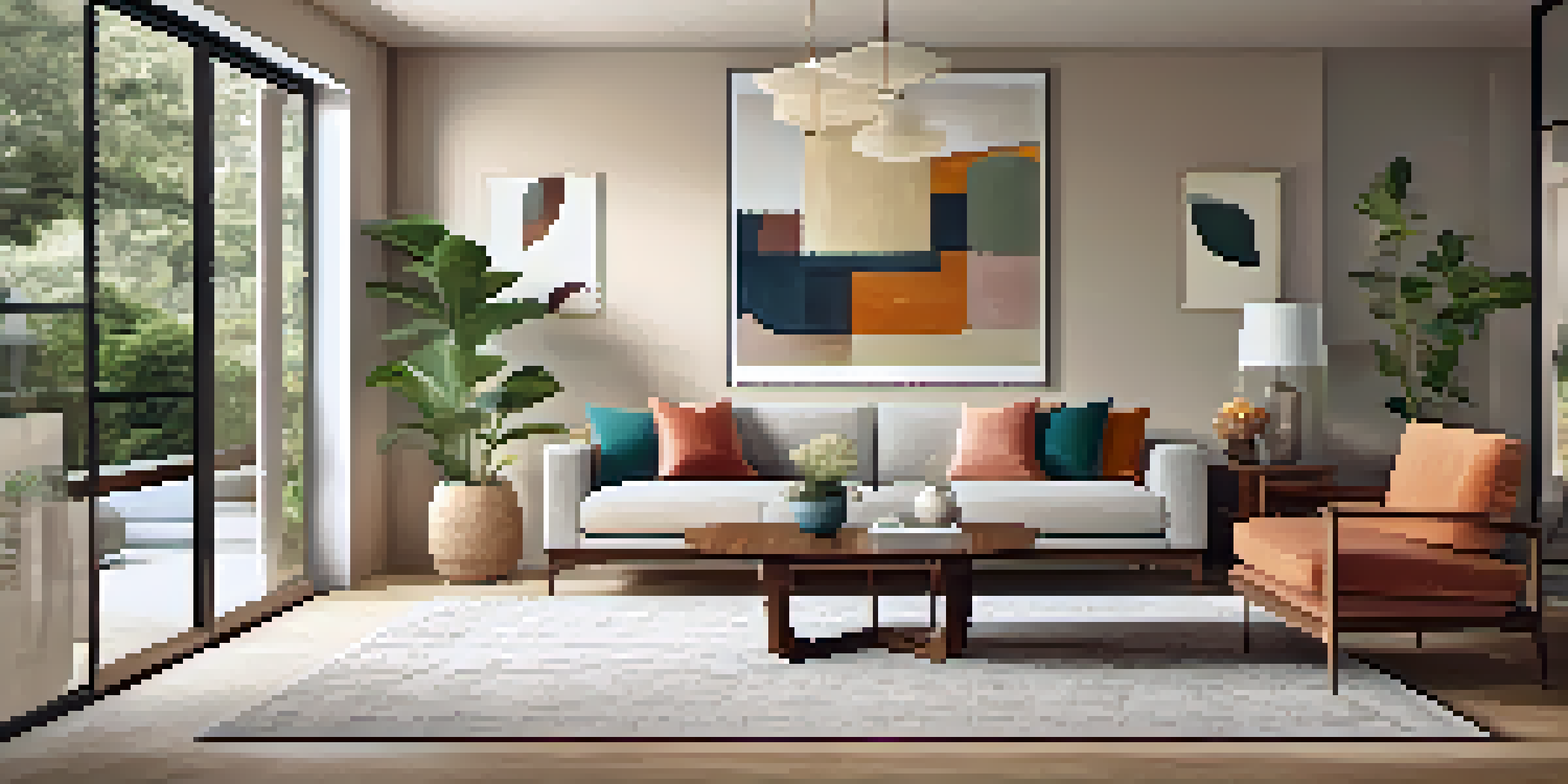 A cozy living room with a wooden dining table, elegant chairs, soft neutral walls, a colorful accent wall, and natural light.