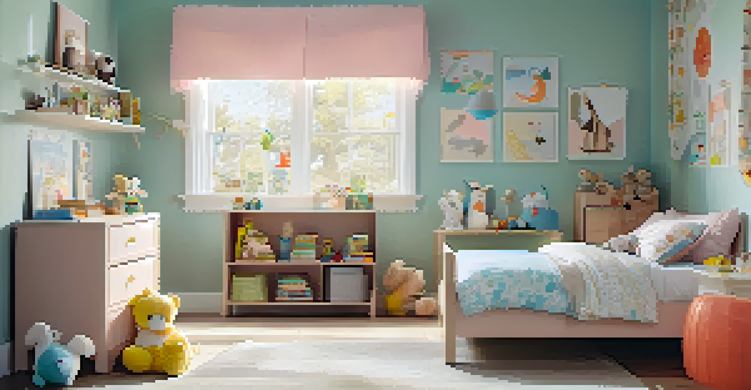 A child's bedroom decorated with whimsical animal wall decals, a colorful bed, and a small bookshelf.
