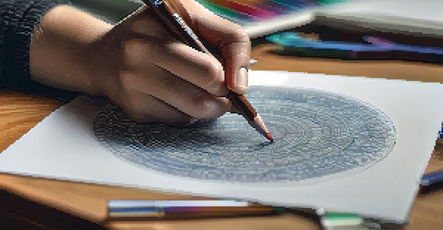 A close-up of a hand sketching a design with a colored pencil, surrounded by art tools and sketches in a well-lit workspace.