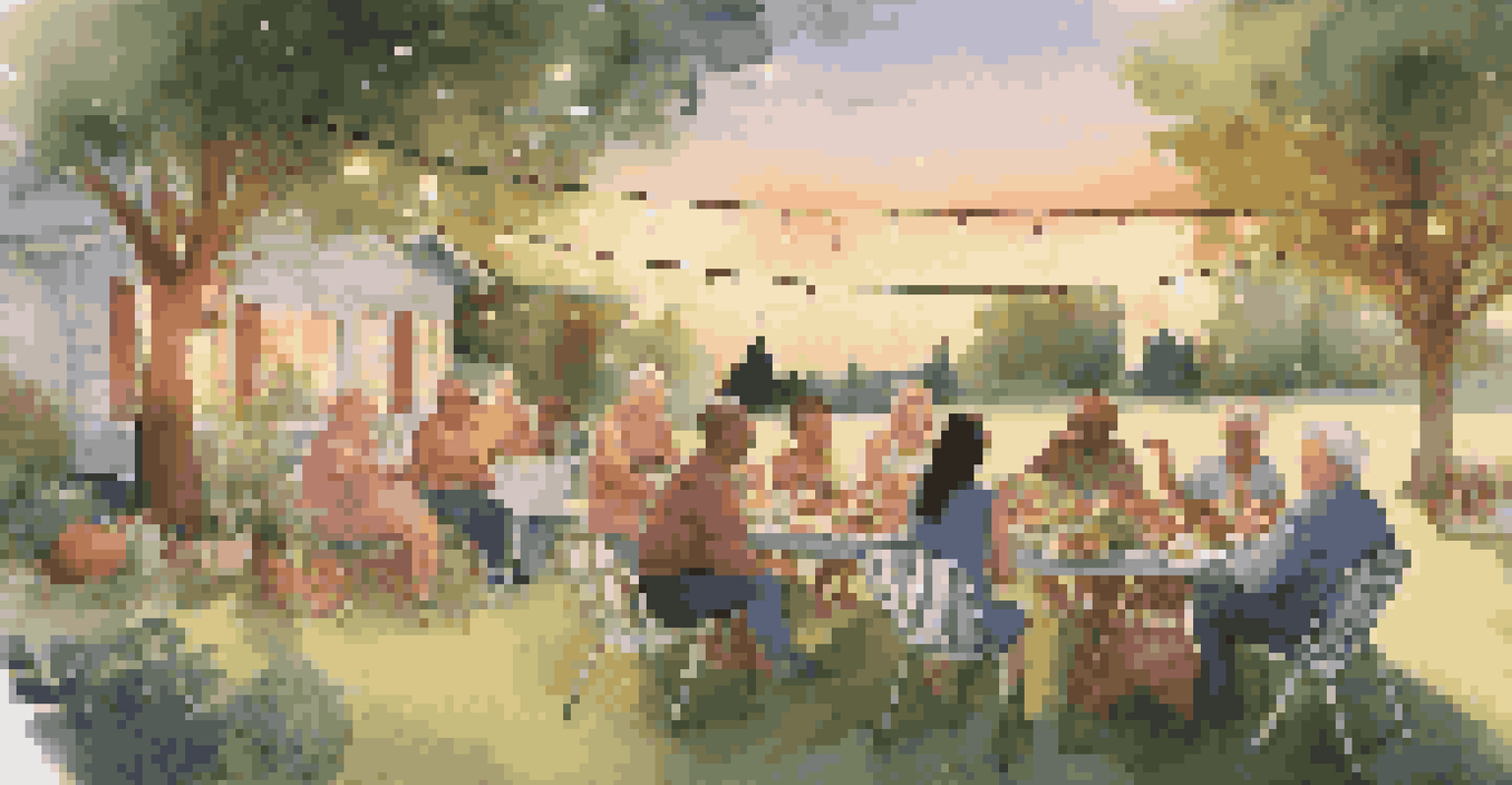 A community gathering with neighbors on picnic blankets enjoying a healthy potluck meal in a warm outdoor setting during sunset.
