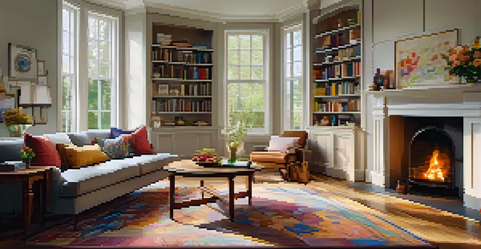 A cozy living room with a plush sofa, a wooden coffee table with flowers, and a bookshelf, illuminated by natural light.