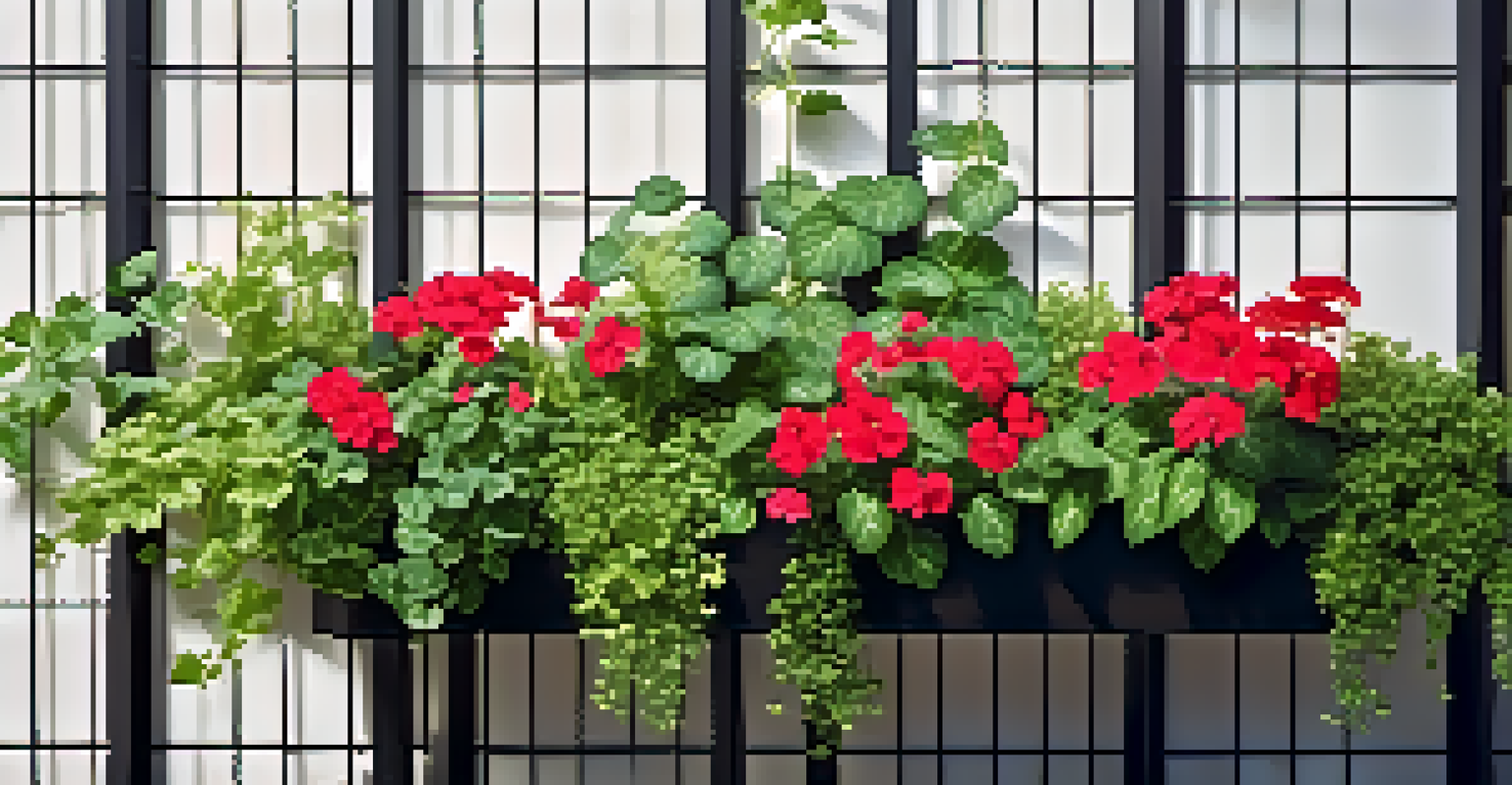 A close-up of a vertical garden with geraniums, basil, and ivy in a grid pattern.