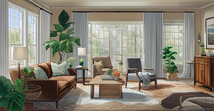 A cozy living room designed for accessibility, showcasing comfortable furniture and clear walkways.