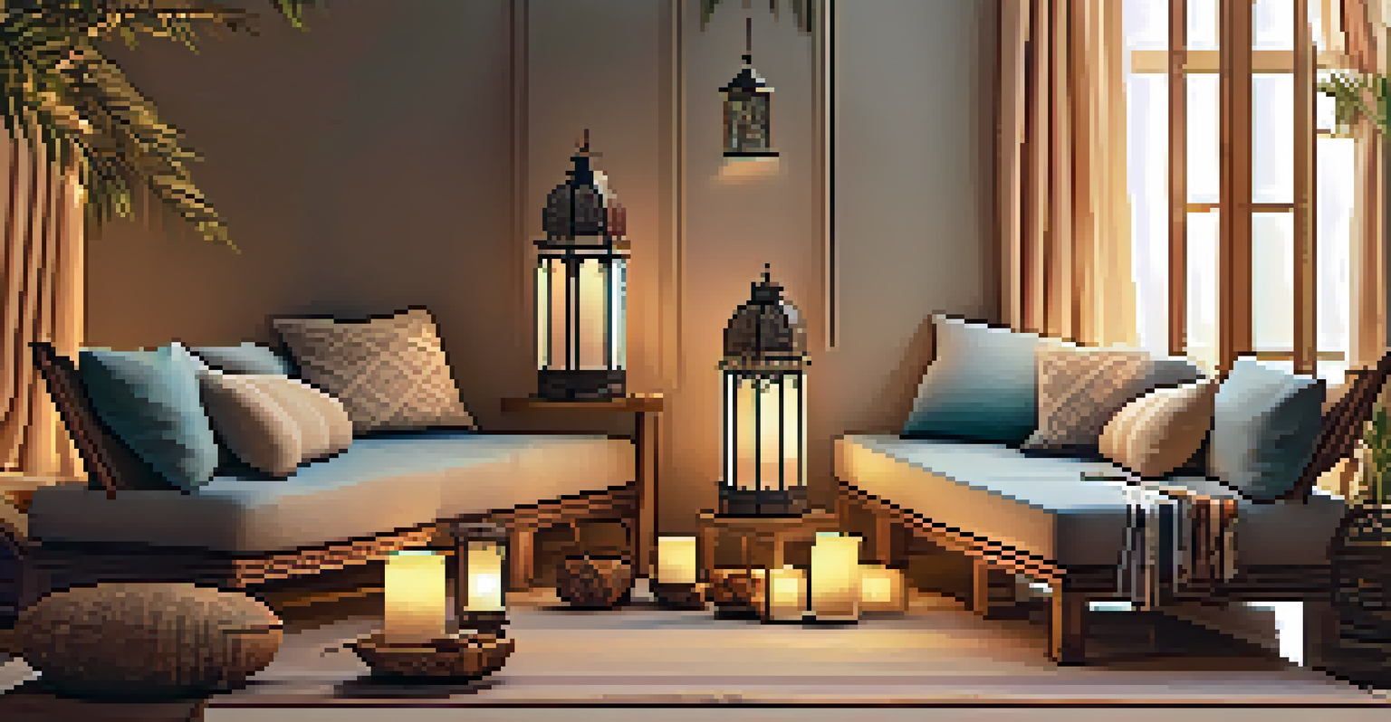 A peaceful Ramadan decor with glowing lanterns, soft textiles, and a prayer area with cushions and fresh fruits.