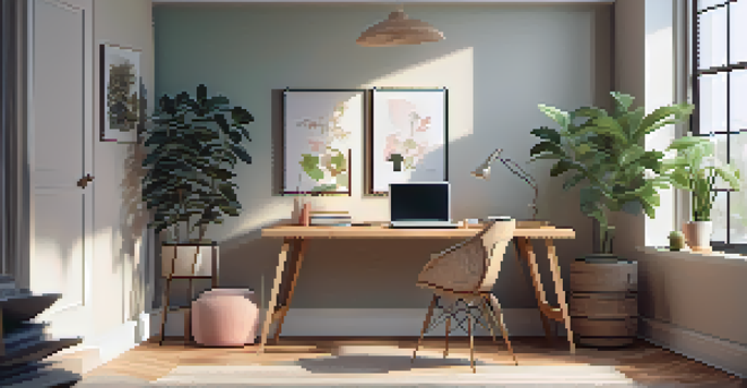 A cozy home office with a wooden desk, laptop, ergonomic chair, and a potted plant, illuminated by natural light from a window.
