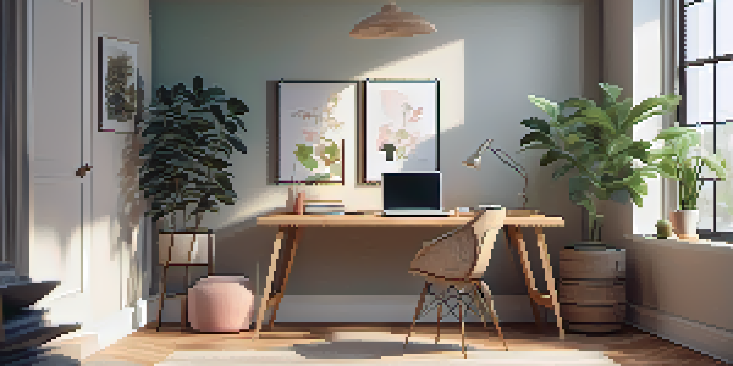 A cozy home office with a wooden desk, laptop, ergonomic chair, and a potted plant, illuminated by natural light from a window.