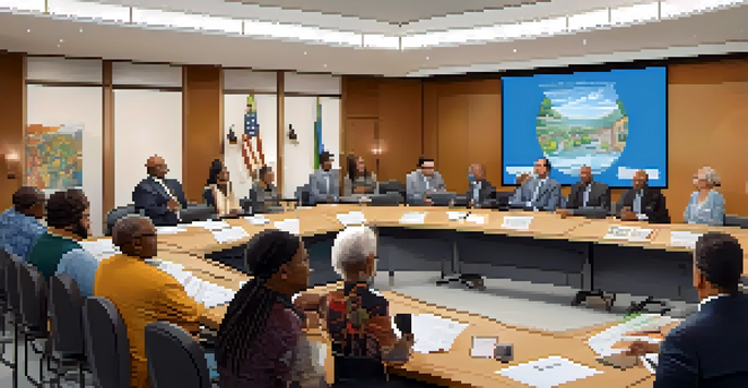 A city council meeting with diverse participants discussing community issues, surrounded by local artwork and a presentation screen.