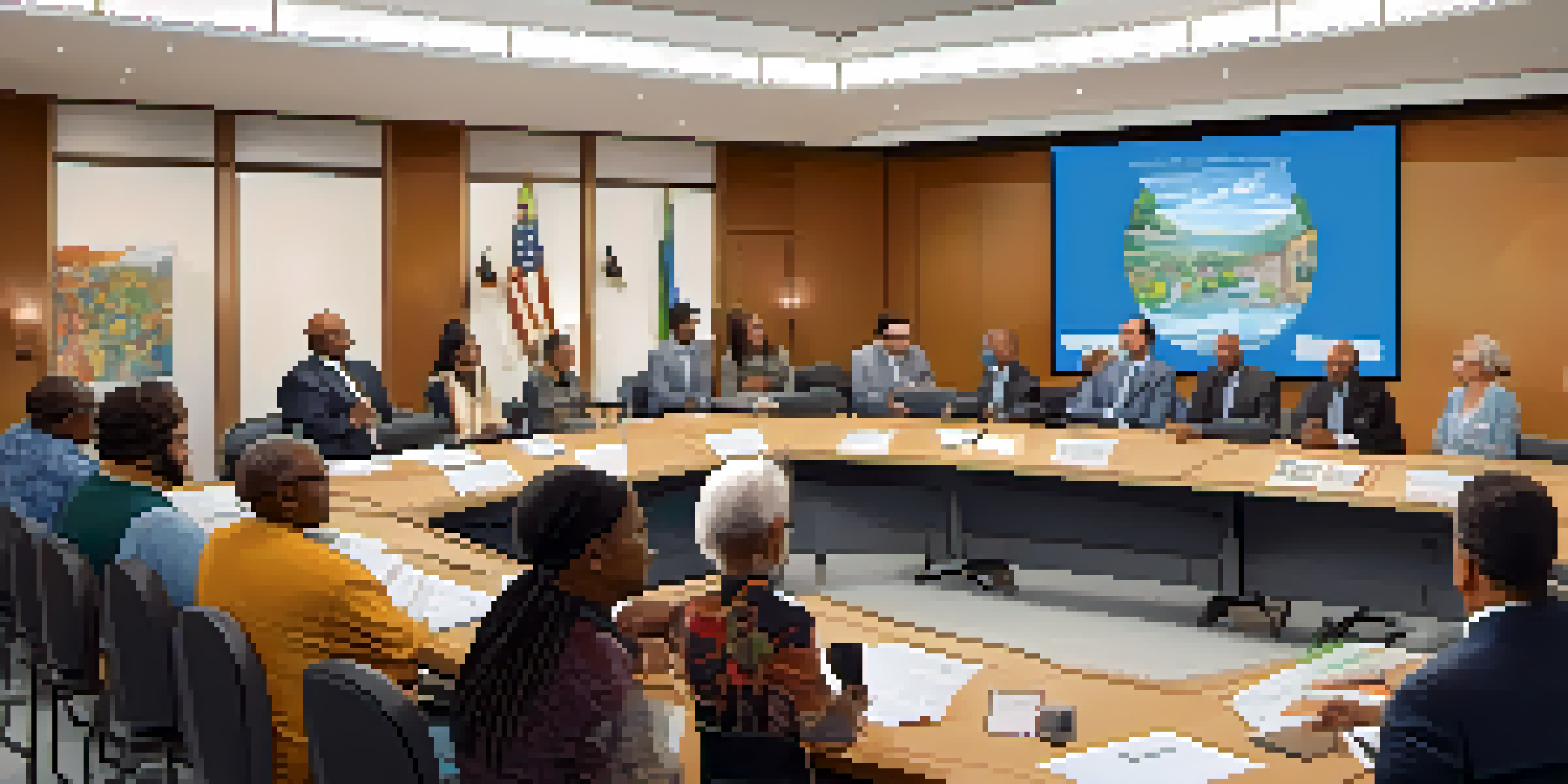 A city council meeting with diverse participants discussing community issues, surrounded by local artwork and a presentation screen.