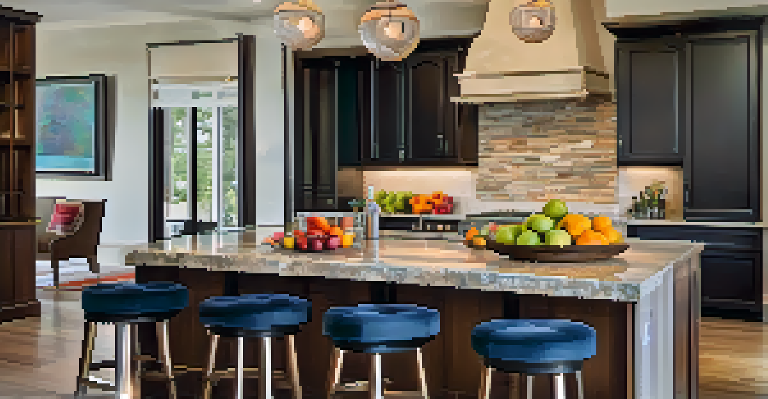 A stylish kitchen island made of polished stone with bar stools, surrounded by a vibrant dining area in an open concept design.