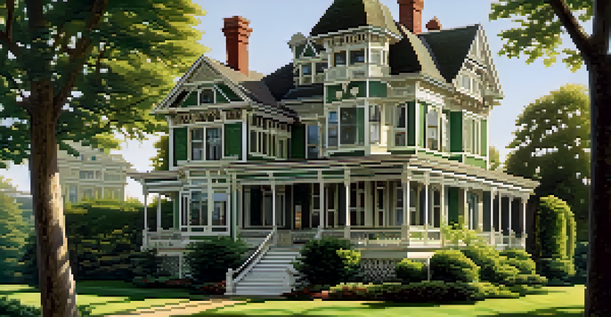 A picturesque Victorian home with ornate details, set in a green landscape with sunlight filtering through trees.