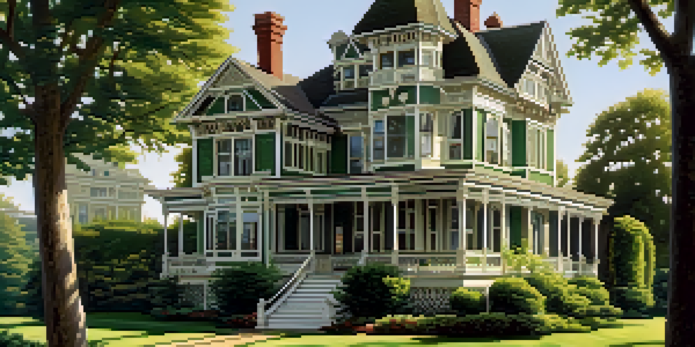 A picturesque Victorian home with ornate details, set in a green landscape with sunlight filtering through trees.
