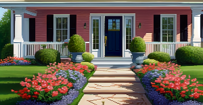 A landscaped front yard with colorful flowers and a bright front door, inviting viewers to the home.