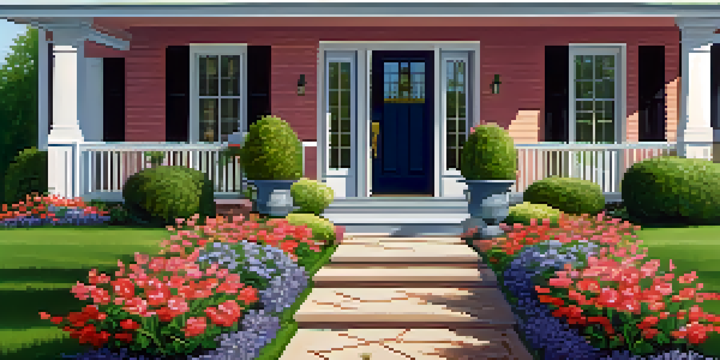 A landscaped front yard with colorful flowers and a bright front door, inviting viewers to the home.