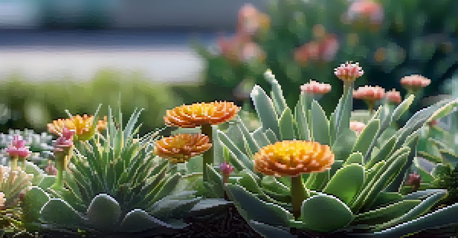 Close-up of a green roof garden with flowers and plants, showcasing dew and a bee pollinating.