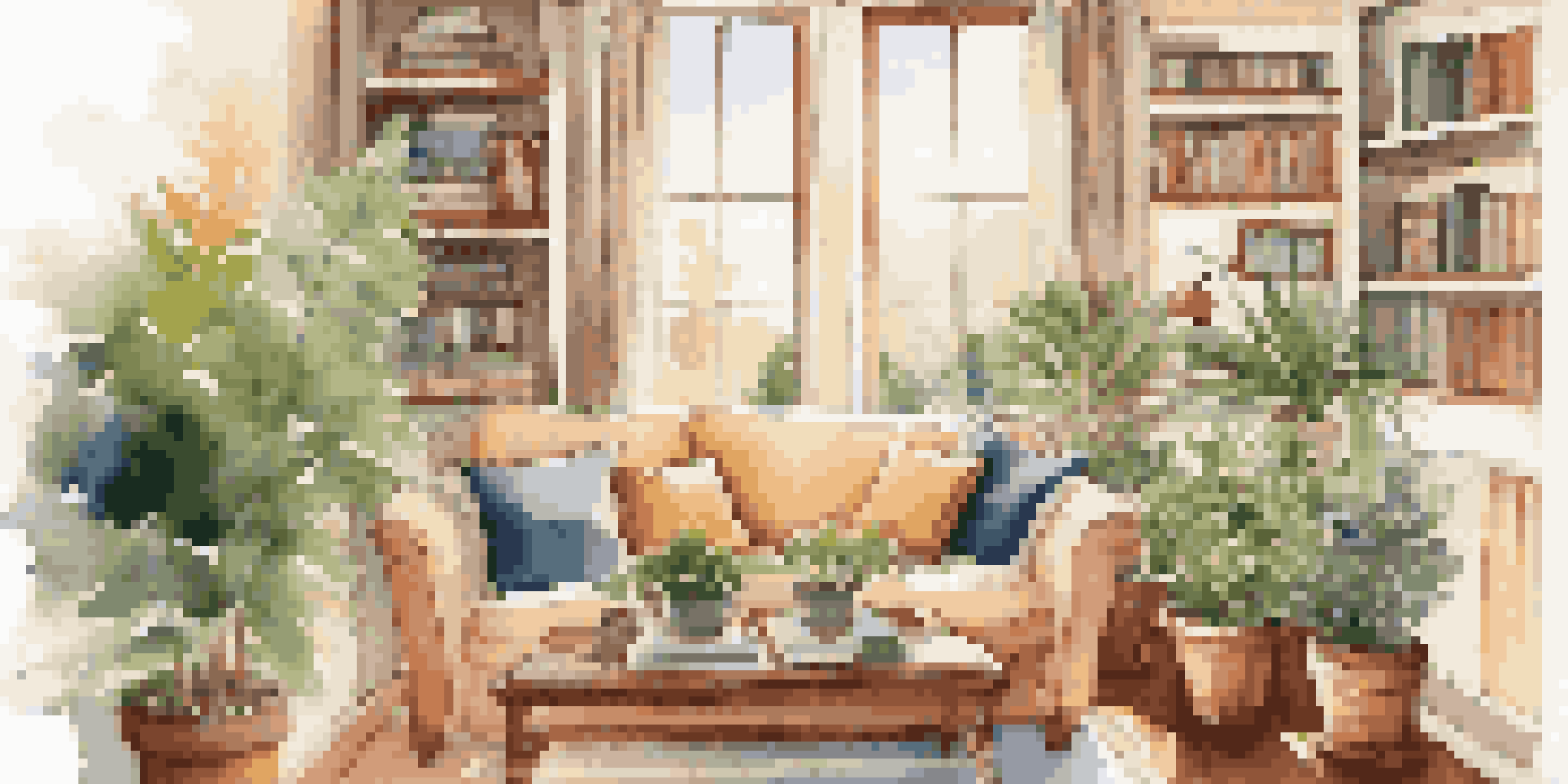 A warm and inviting living room with a sofa, coffee table, books, and a sunny window.