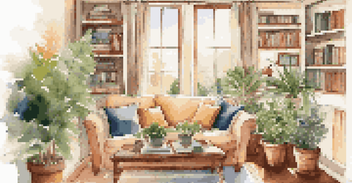 A warm and inviting living room with a sofa, coffee table, books, and a sunny window.