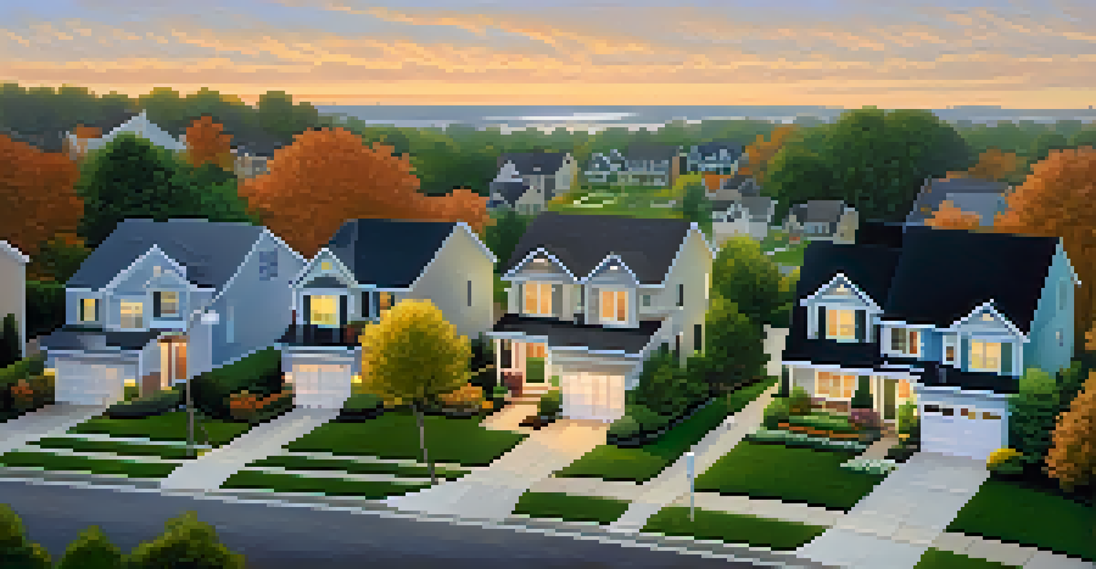 An aerial view of a tidy neighborhood with well-kept houses, manicured lawns, and colorful flowers, all illuminated by soft evening light.