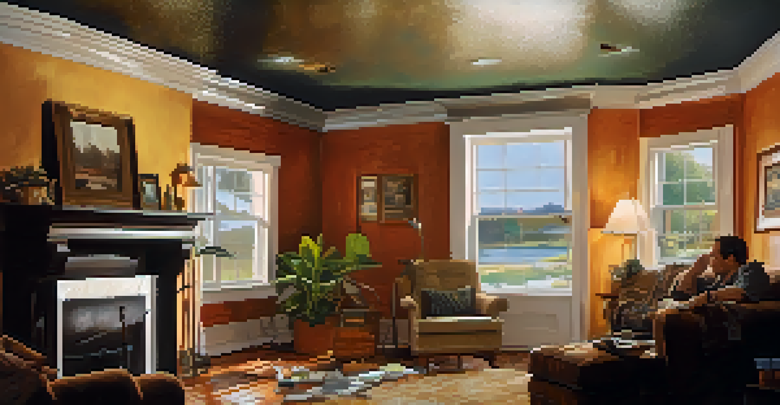 A cozy living room with moisture damage visible on the ceiling, and a concerned homeowner documenting the issue.