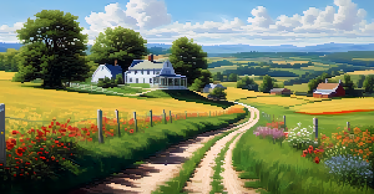 A peaceful countryside landscape with rolling hills, a farmhouse, and blooming wildflowers under a blue sky.