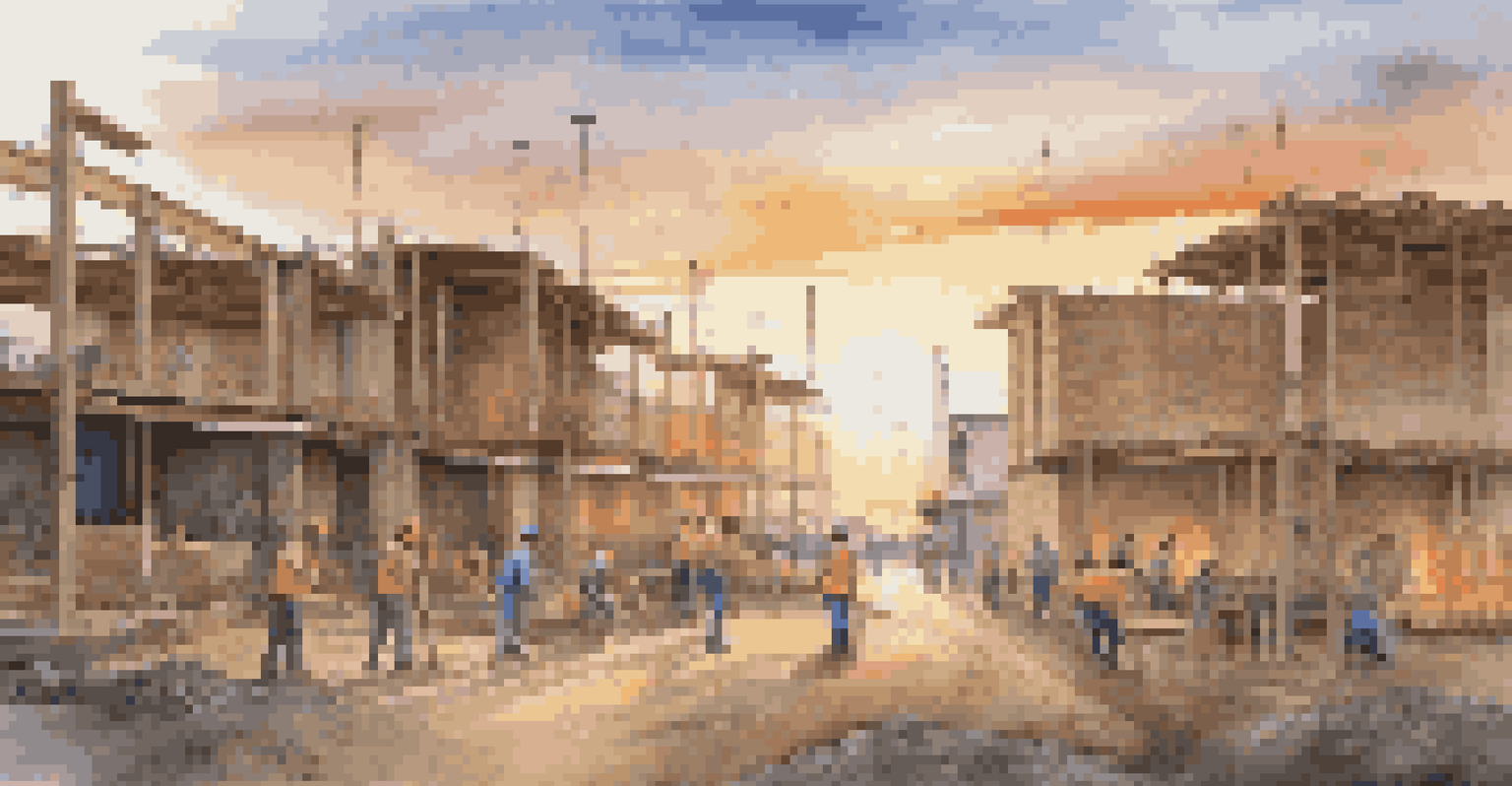 A community construction site with builders using local materials, traditional and modern architecture in the background under a sunset.
