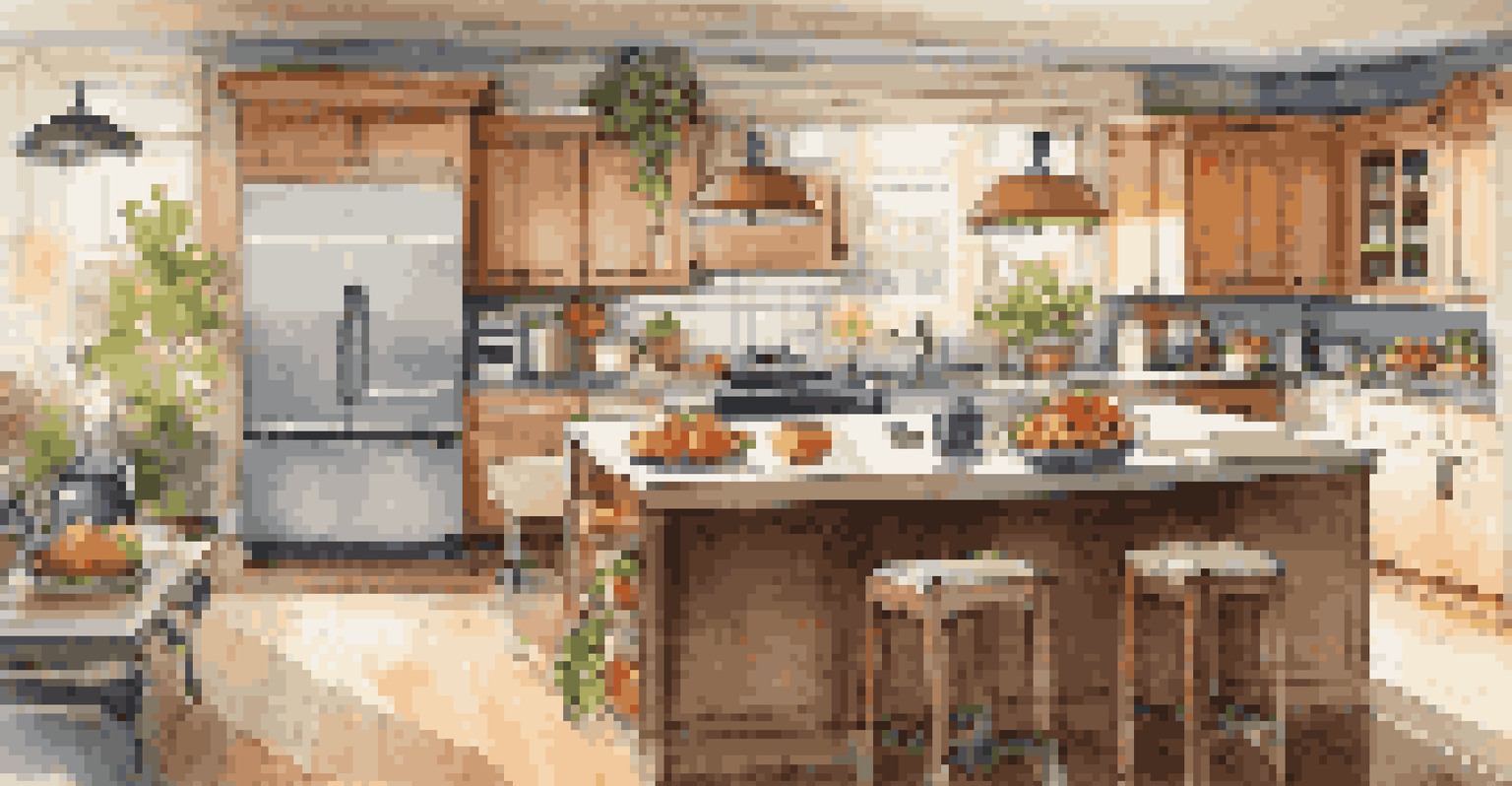 A modern kitchen with an island, fresh fruits, and warm lighting, showcasing its inviting atmosphere.