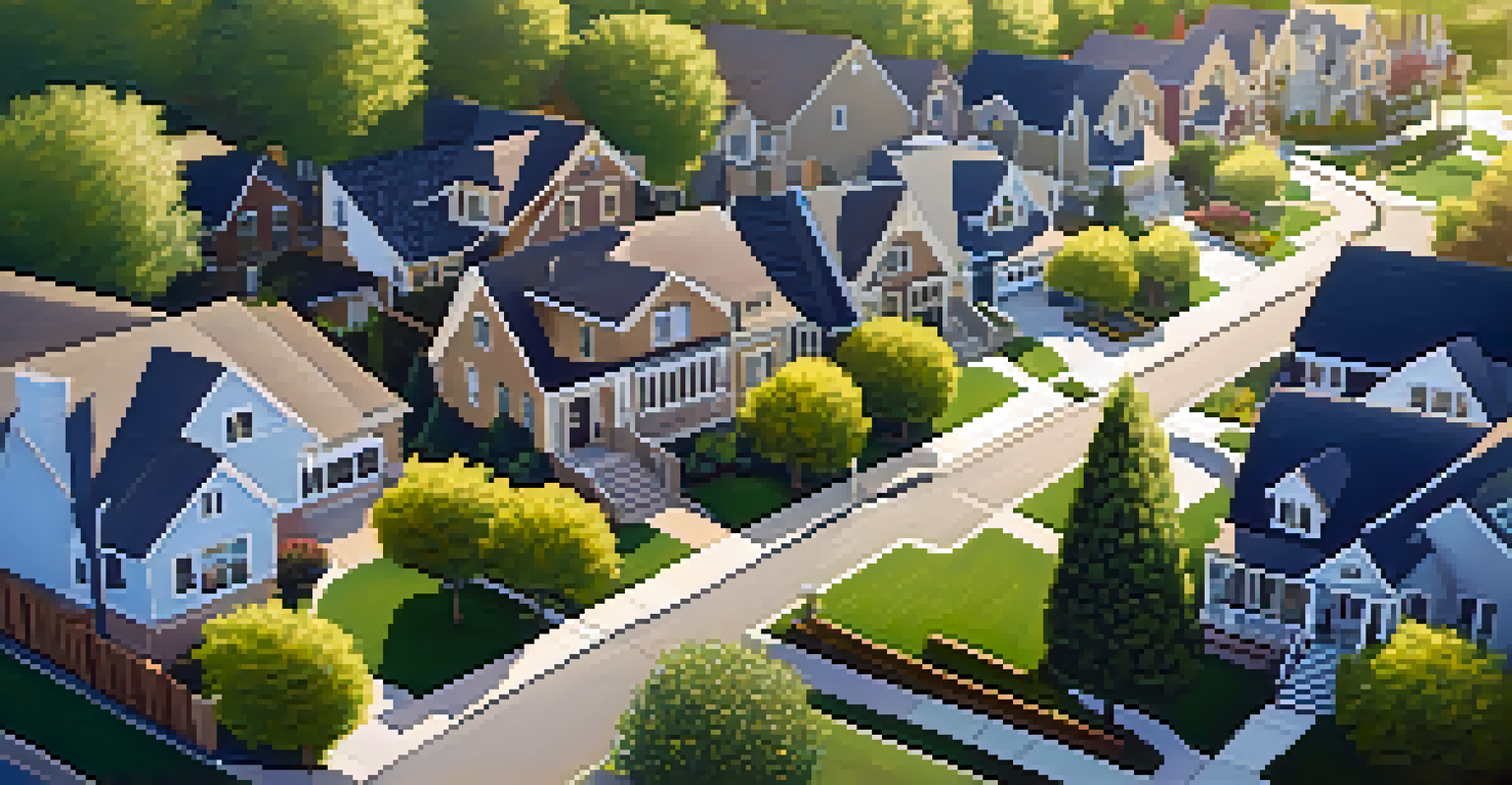Aerial perspective of a suburban neighborhood with various homes and a park.
