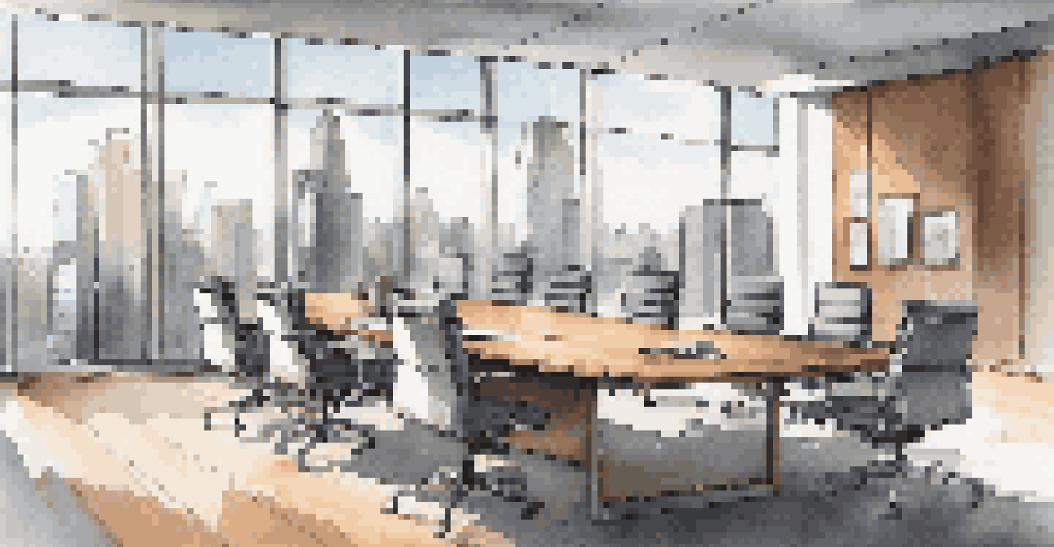 An elegant office conference room with a wooden table, modern chairs, and a city view through large windows.