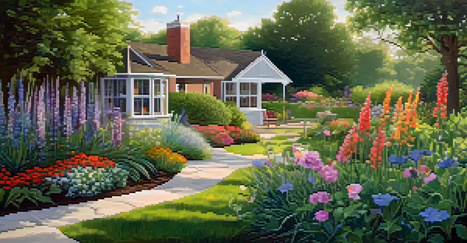 A wildlife-friendly garden with native plants, a bird bath, butterfly garden, and birdhouses, illuminated by soft afternoon light.