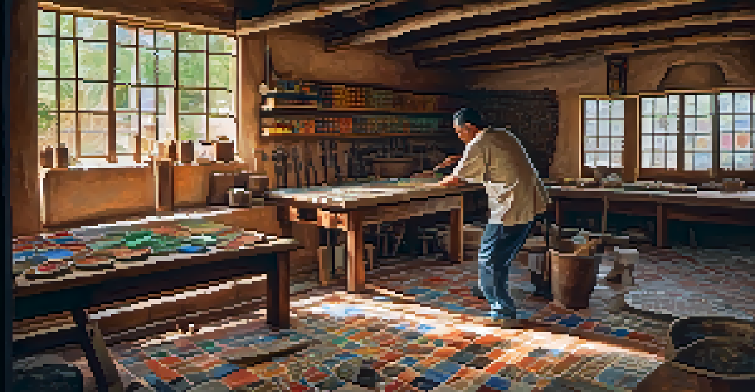 An artisan in a workshop creating handmade tiles from local materials, surrounded by tools and colorful tiles under warm natural light.